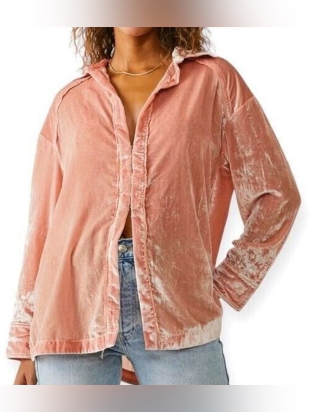 We The Free People Marianne Crushed Velvet Shirt Blush Pink Size S NWOT!